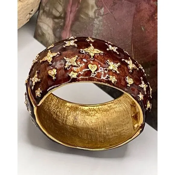 Bronze Enamel Gold & Crystal Kenneth Jay Lane Hearts & Star Bangle Bracelet - Picture 7 of 16
